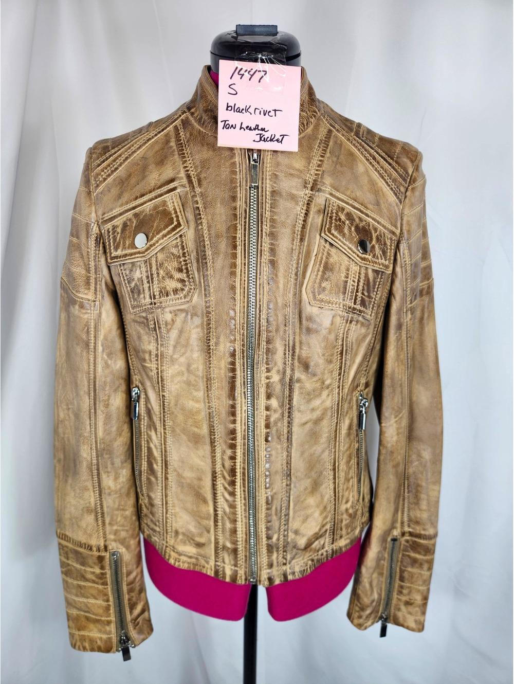 Black Rivet Women's Distressed Tan Genuine Leather Moto Biker Jacket